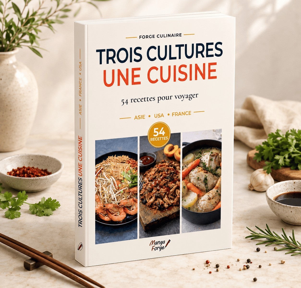 Livre de cuisine MangaForge-Studio Trois Cultures Une Cuisine Volume 1 avec 54 recettes d'Asie, USA et France