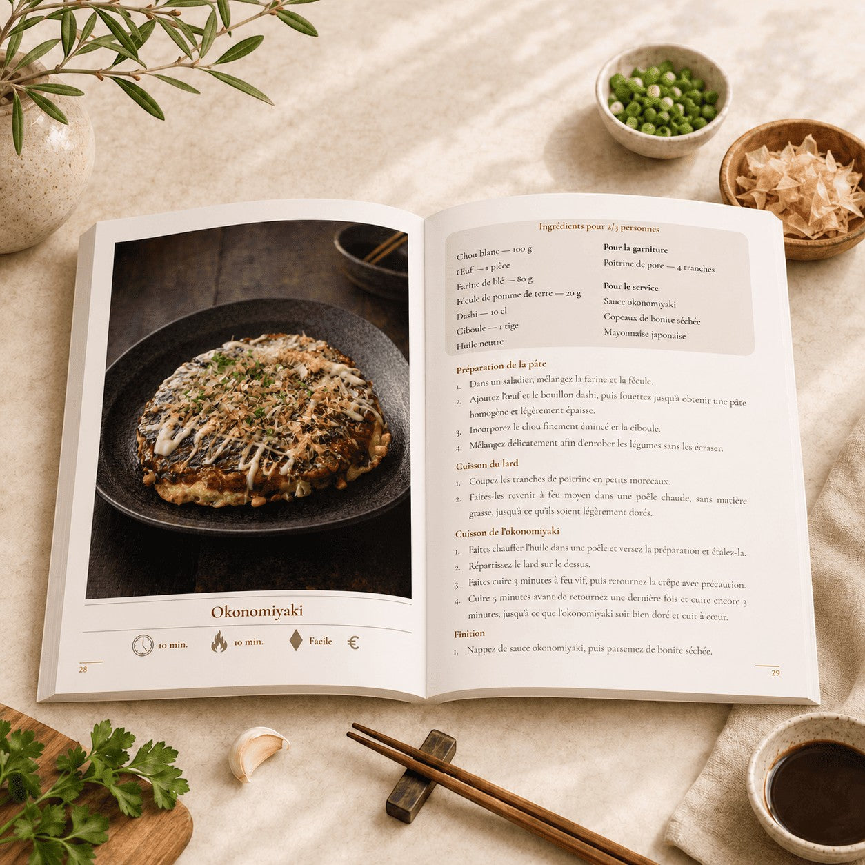 Livre de cuisine MangaForge-Studio ouvert sur une recette d'Okonomiyaki avec photo du plat et instructions détaillées
